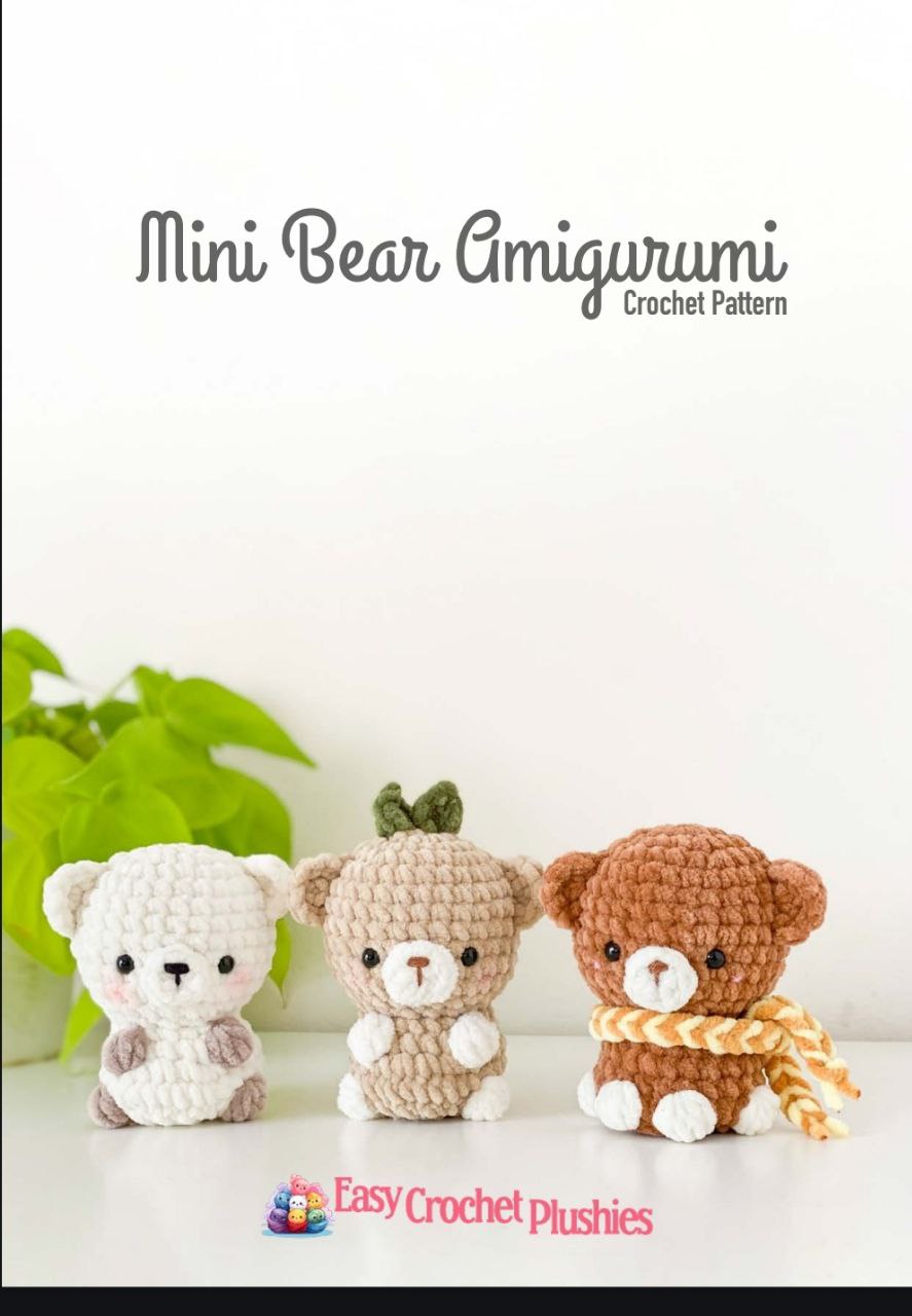 Three mini amigurumi bears, perfect for creating adorable and small plush toys.