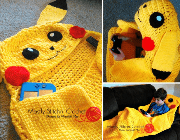 Crochet Pikachu blanket, featuring a colorful and detailed design of the famous character.
