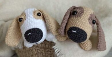 Two dogs in a basket next to a crochet design, set against a colorful background.
