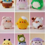 Various images of crochet animals, showcasing different designs and colors on a neutral background.