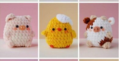 Various images of crochet animals, showcasing different designs and colors on a neutral background.