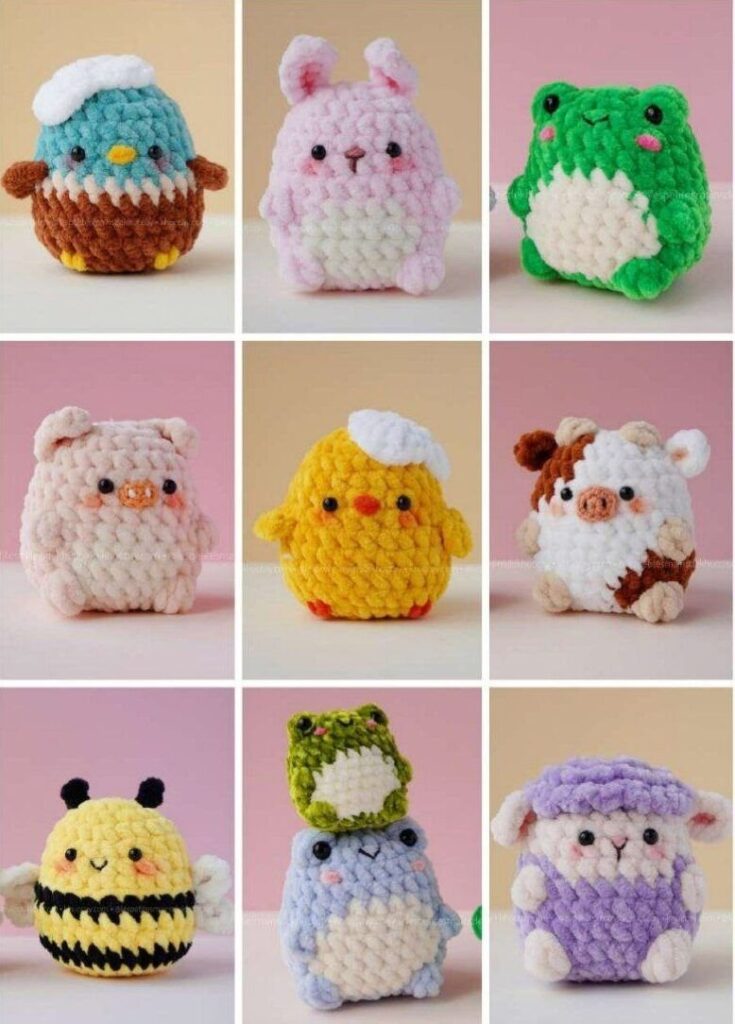 Various images of crochet animals, showcasing different designs and colors on a neutral background.